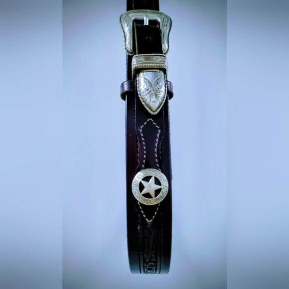 LEATHER MEN'S BELT WESTERN HANDMADE, FILIGREE SILVER BUCKLE, ⭐ CONCHOS Sz 42-46 - Picture 11 of 15